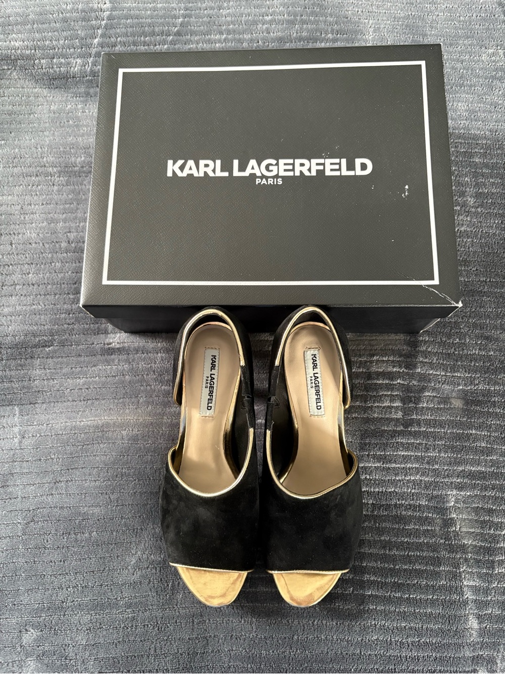 Karl Lagerfeld Evette Black Suede Peep-Toe Heels with Gold Trim